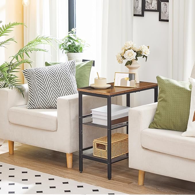 HOOBRO End Table, 3-Tier Narrow Side Table, Nightstand with 2 Flat or Slant Adjustable Shelves for Small Spaces, Hallway, Living Room, Bedroom, Sturdy, Easy Assembly, Rustic Brown and Black BF23BZ01G1