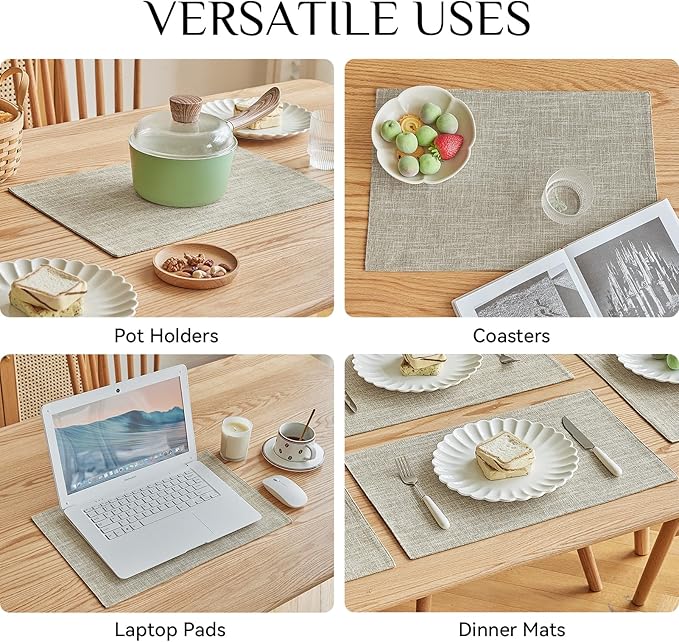 Softalker Faux Linen Placemats Set of 12-12 x 18 Inch, Heat Resistant Double Layered Durable Burlap Farmhouse Place Mats, Non-Slip Washable Rustic Table Mats for Dining, Kitchen, Party（Beige