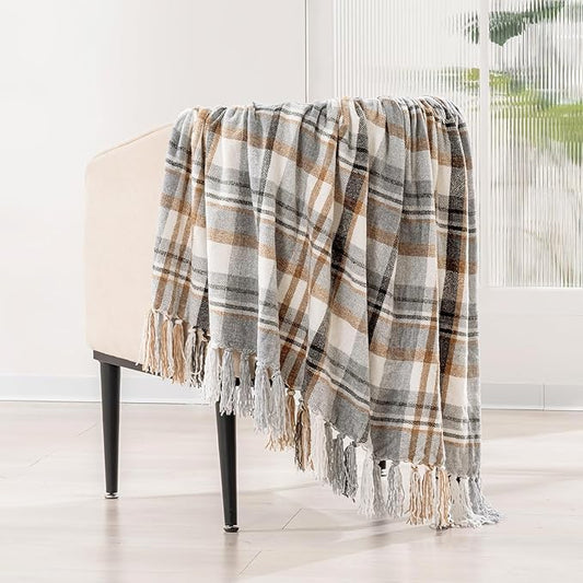 EVERGRACE Plaid Chenille Throw Blanket for Couch, Super Soft Cozy Decorative Farmhouse Plaid Throw with Tassels, Lightweight Chenille Knit Throw for Bed Sofa Gift Home Decor, Grey & Beige 50"x60"