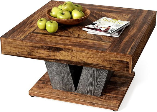 LITTLE TREE Square Coffee Table, Modern Rustic Coffee Table for Living Room, Wooden Table with Adjustable Feet, Brown