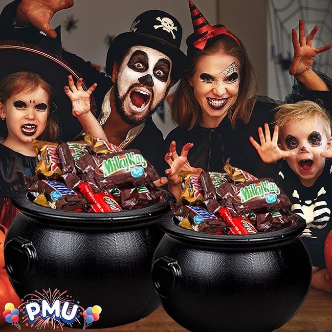 PMU 2pc Halloween Cauldron - Multi-Pack Assortment Plastic Candy Holder for Kids - Halloween Party Favors & Supplies - Black - (1) 16" 20115, (1) 12" 55120