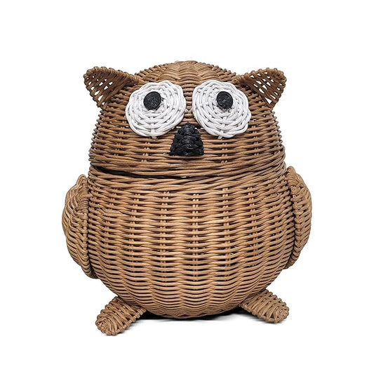 Owl Rattan Storage Basket With Lid Decorative Home Decor Hand Woven Shelf Organizer Cute Handmade Handcrafted Gift Art Decoration Artwork Wicker Hoot Owl (Small, Brown)
