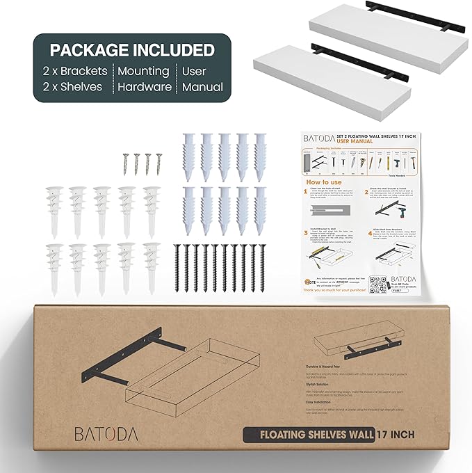 BATODA Set of 2 17" White Floating Shelves Wall Mounted for Bathroom – Wooden Decorative Wall Bookshelf - Storage Shelf Organizer for Home, Bedroom, Kitchen - Black Bracket, Shelving Mounting Included