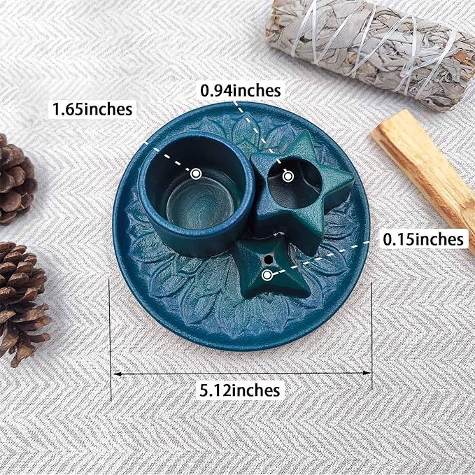 Sage and Palo Santo Holder,4 in 1 Incense Burner Holder for Sticks,Ceramic Sage Holder for Burning,Candle Holder,Ash Catcher Tray for Meditation Yoga,Blue