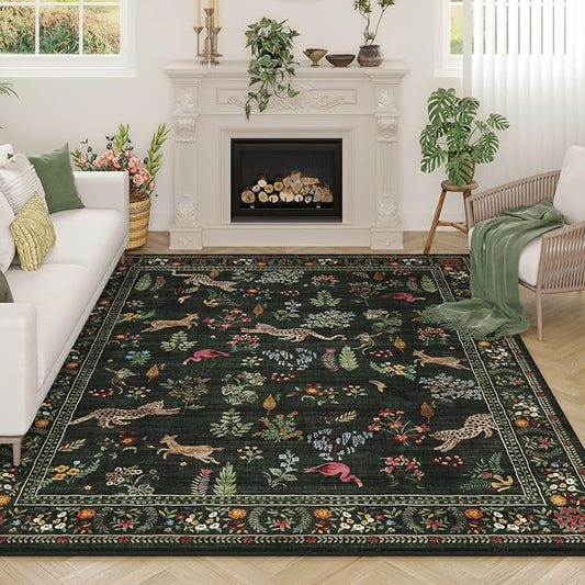 Living Room Rug 5x7 Rug Machine Washable Boho Area Rug Non Slip Floral Animal Vintage Low Pile Large Rugs for Living Room, Bedroom, Farmhouse, Dining Room, Kids Playroom (Green)