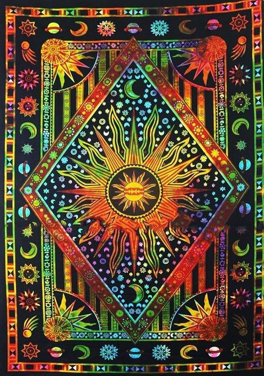 Popular Handicrafts Wall Hanging Tapestry For Bedroom Hippie Burning Sun and Moon Meditation Bohemian Hippy Psychedelic Design Indian Tapestries Bedspread54 x 60 Inches (140cm x 150cm) Multicolor Tie Dye