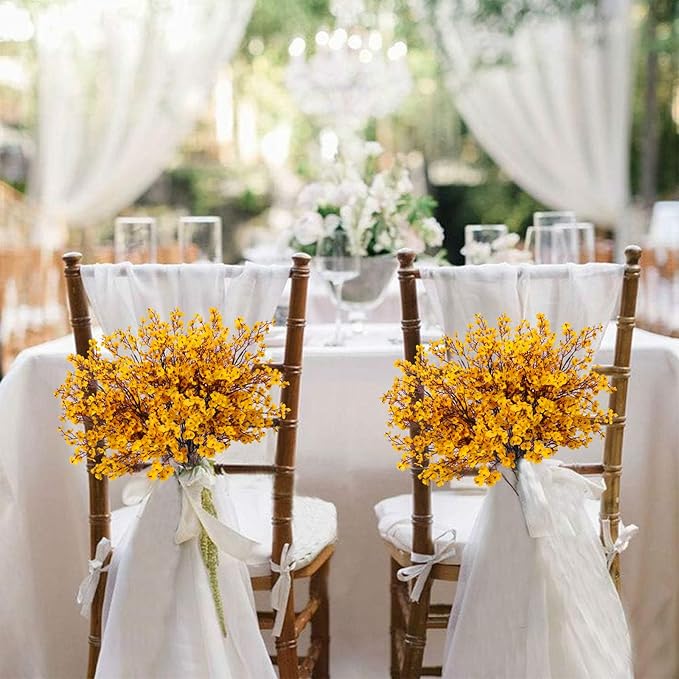 AILANDA 12 PCS Artificial Fall Flowers Babys Breath Orange Yellow Real Touch Silk Floral Arrangement Gypsophila Flowers for Home Wedding Table Centerpiece Fireplace Vase Filler Autumn Decor