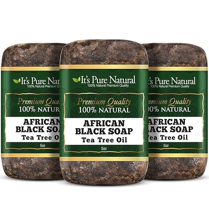 It's Pure Natural African Black Soap Bars with Tea Tree (Pack of 3) Organic Raw Soap for Face & Body, Acne Treatment & Dark Spot Remover [Made in Ghana]