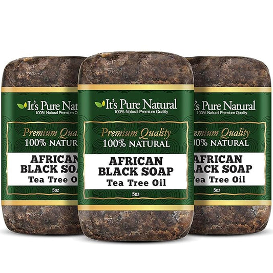 It's Pure Natural African Black Soap Bars with Tea Tree (Pack of 3) Organic Raw Soap for Face & Body, Acne Treatment & Dark Spot Remover [Made in Ghana]
