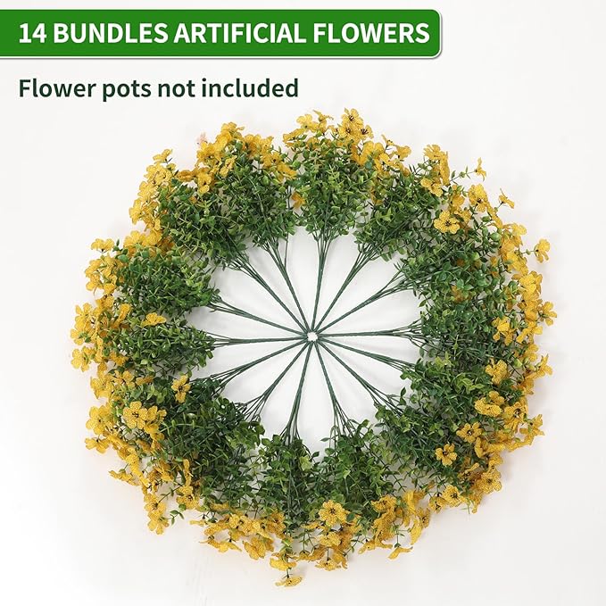 Artificial Flowers Outdoor, Faux Silk Flowers Plastic Plants for Outdoors Indoor Outside Front Porch Hanging Planter Window Box Garden Home Decoration, 14 Bundles(Yellow)