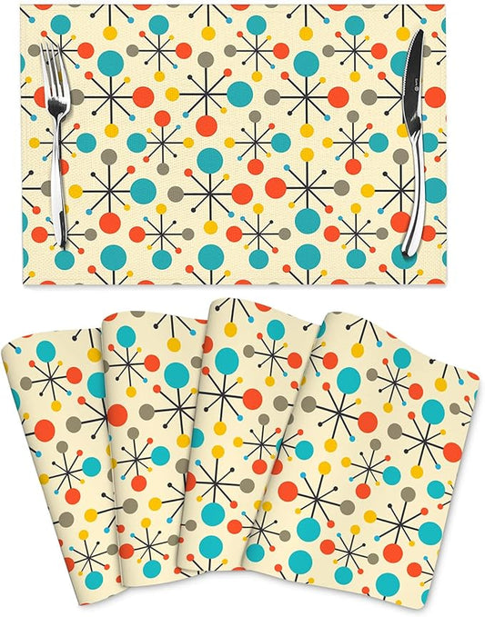 Mid Century Fifties Modern Atomic Retro Placemats Set of 4 Yellow Kitchen Table Mats for Dining Farmhouse Holiday Home Decor Linen Washable Place Mats 12"x18"