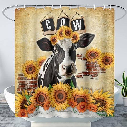 AILONEN Cow Shower Curtains for Kids Boys Girls,Farm Sunflower Cow Bath Curtains for Bathroom Decor,72" W*96" H Polyester Waterproof with 12 Plastic Hooks