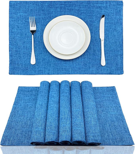 Weabetfu Cloth Placemats Set of 6 Heat Resistant Dining Table Placemmats Cotton Linen Machine Washable Kitchen Table Mats Wrinkle Free Thick Fabric Place Mats,Easy to Clean,13" x 19" Blue
