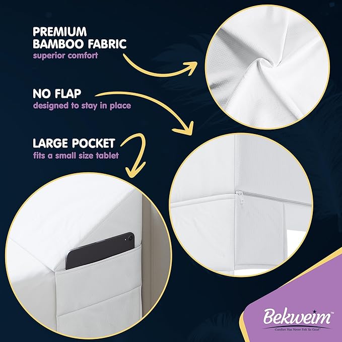 Wedge Pillow Headboard Bed Gap Filler Full - Headboard Pillow Full Size 54 X 10 X 6 - Long Pillow for Bed Wedge Gap Filler with Large Pocket for Bed Accessories - Mattress Gap Filler (White)