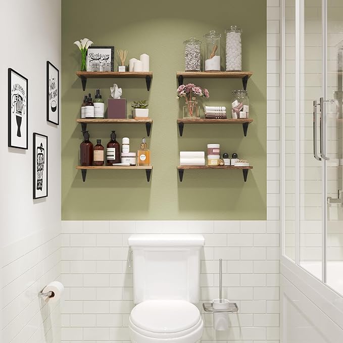 Wallniture Arras Floating Shelves for Wall, Wood Wall Shelves for Bedroom Decor, Burned Set of 6