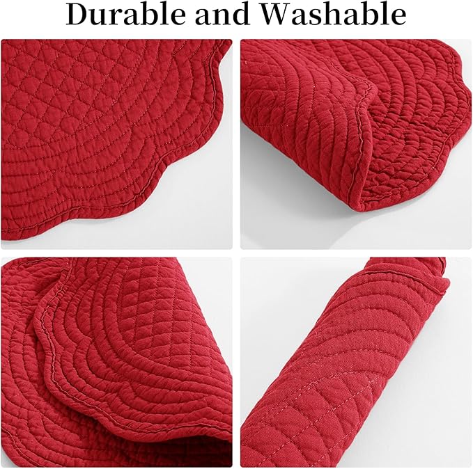 HOMBYS Quilted Placemats Set of 6 Washable Round Placemats for Kitchen Table-100% Cotton Fabric 13 Inch Round Table Mats, Cotton Fabric with Microfiber Filling, (13"x13", Red)