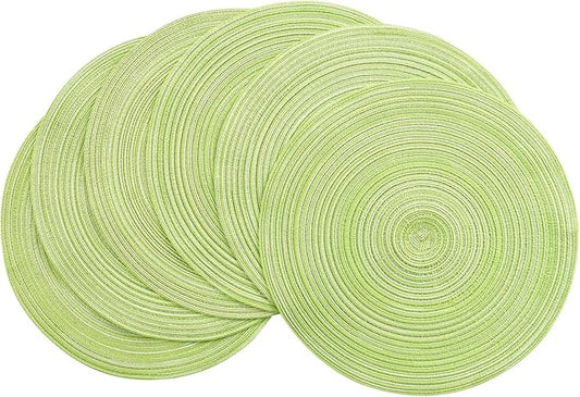 Floroom 15 Inch Round Braided Placemats Set of 6, Washable Heat Resistant Cotton Polyester Circle Place Mats for Kitchen Dining Table - Spring Green