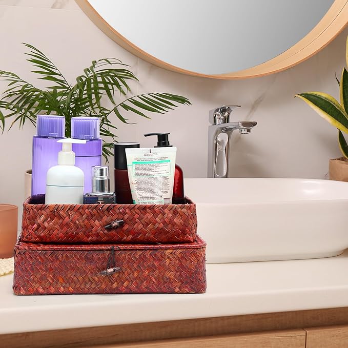 Set of 4 Seagrass Basket with Lid Wicker Storage Basket Decorative Storage Boxes with Lids Flat Storage Bins Woven Organizer Baskets for Shelf Closet Bedroom, 4 Sizes (Retro Red)