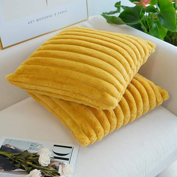 JOJUSIS Pack of 2 Faux Fur Plush Decorative Throw Pillow Covers Couch Cushion Case Soft Pillowcases (Mustard Yellow, 16 x 16-Inch)