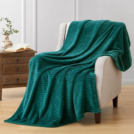 Vessia Flannel Fleece Dark Green Throw Blanket(50X70 Inch), 300GSM Warm Soft Comfy Forest Green Stripe Bed Blanket, Cozy Microfiber Ribbed Sofa Throw for All Season