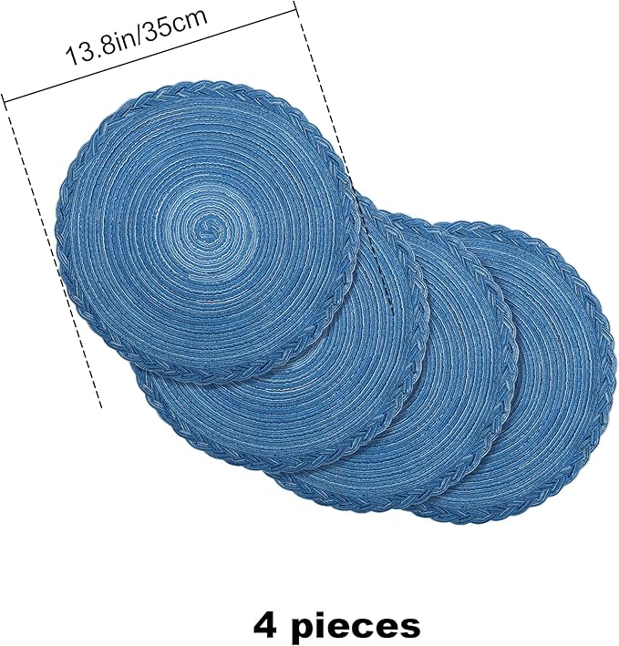 fanquare Braided Placemats 15 Inch Set of 4 Natural Woven Non Slip Heat Resistant Place Mats Sapphire Blue Modern Style Table Mats for Kitchen Decor