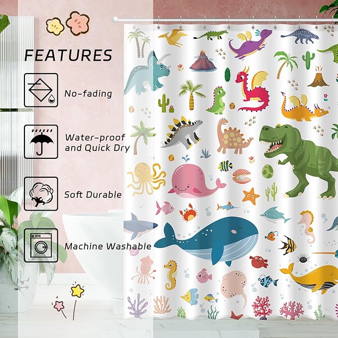 Kids Bathroom Ocean Shower Curtain, Funny Cartoon Dinosaur and Undersea Whale Shower Curtain Set with 12 Hooks, Home Decor Bath Accessories for Boys Girls 72x72 Inches