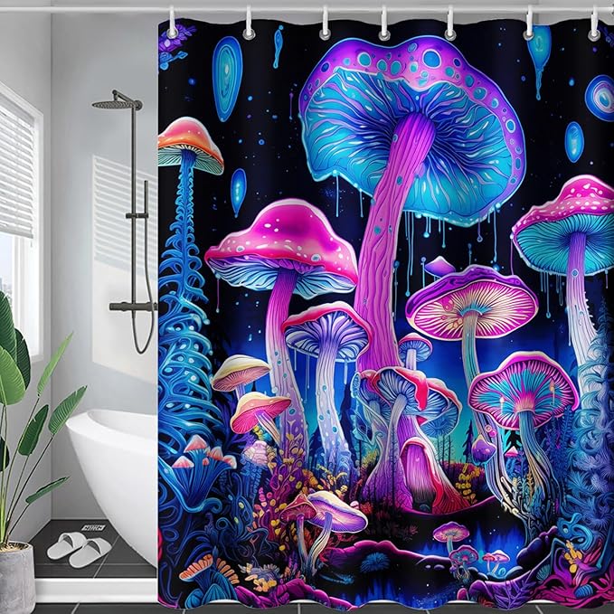 AILONEN Mushroom Shower Curtain for Bathroom, 3D Oil Painting Mushroom Bath Curtain,Blue Purple Fairy Fantasy Fungus Botanical Decoration Waterproof Curtain with 12 Plastic Hooks, 36" W*72" H