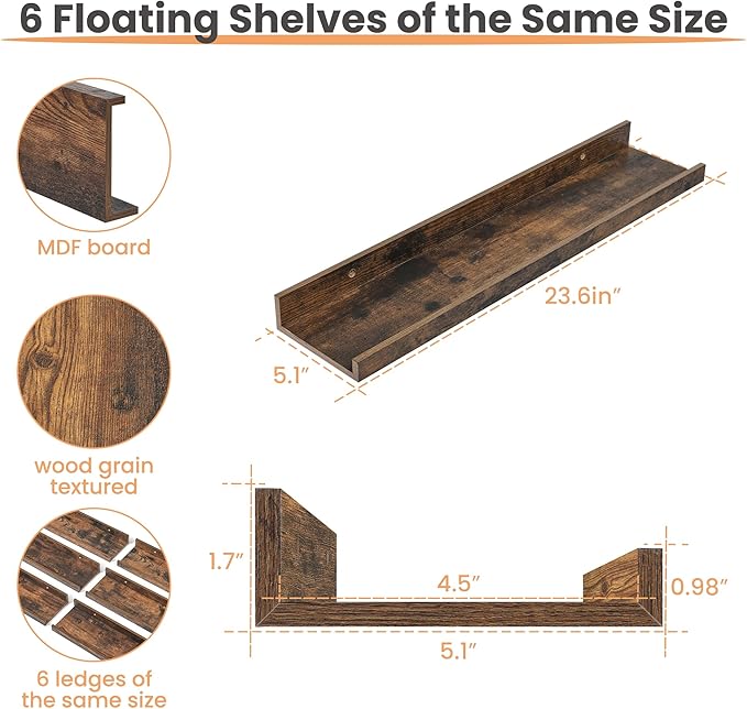 upsimples Floating Shelves for Wall, Wall Shelves for Decor Storage Set of 6, Wall Mounted Wood Shelves for Bedroom, Living Room, Bathroom, Kitchen, 23.6 inch Long Picture Ledge Shelves, Brown