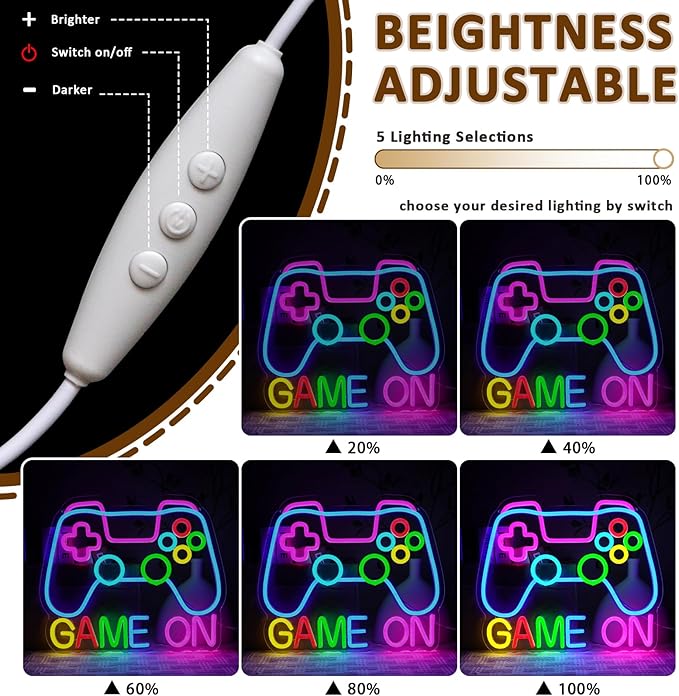 Game On Neon Sign for Wall Decor, Gaming Led Signs for Room, USB Dimmable Neon Lights for Bedroom Video Games Party Gaming Zone Pub Birthday Boys Teen Room Man Cave Home Decoration