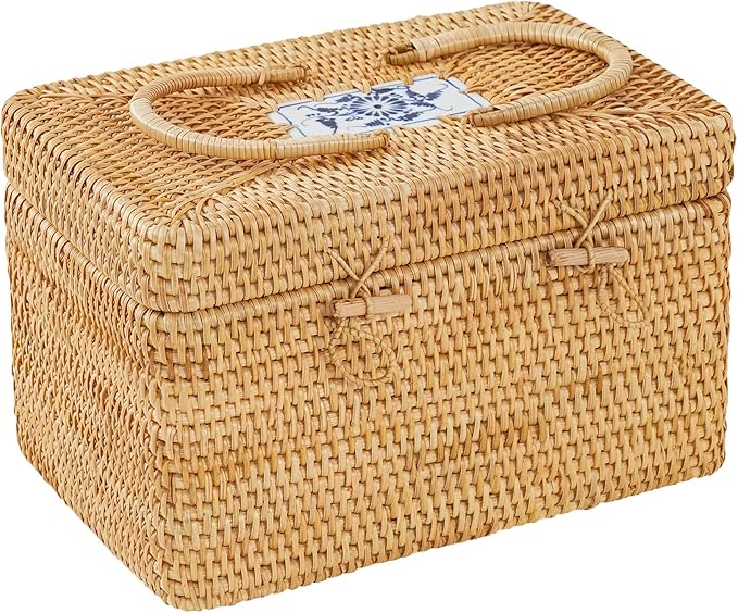 Rattan Basket With Lid,Blue-and-white Porcelain Decoration Design,Large Storage Basket Lidded,Rattan Box For Shelf (12" L×8"W×7.5"H)