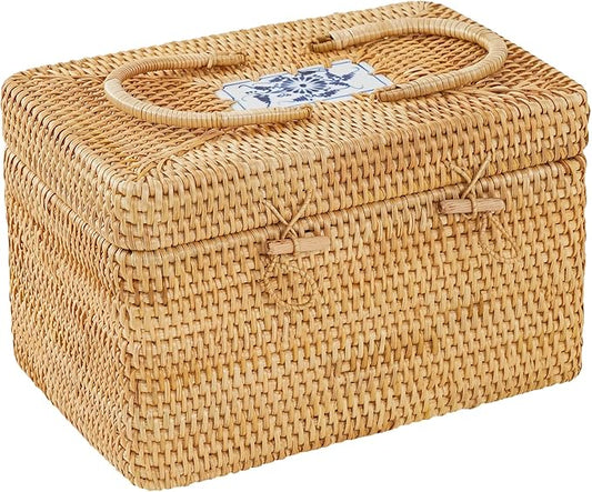 Rattan Basket With Lid,Blue-and-white Porcelain Decoration Design,Large Storage Basket Lidded,Rattan Box For Shelf (12" L×8"W×7.5"H)