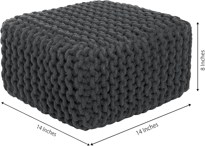 COTTON CRAFT Braided Footrest - Handknitted Cotton Cord Dori Foot Stool Ottoman - Low Floor Pouf - Lightweight Portable - Small Spaces Living Room Bedroom Entryway Under Desk - 14 x 8 Square - Grey