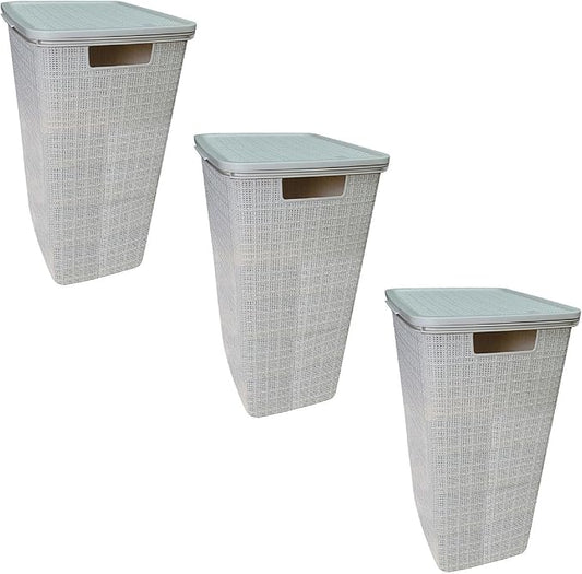 YBM Home Plastic Rattan Laundry Hamper Basket with Hinged Lid, Ventilation Holes, Durable, Lightweight Bin With Cutout Handles, Storage Dirty Clothes, Space Saver, 16.75" x 13.5" x 23.75",Beige,3-Pack