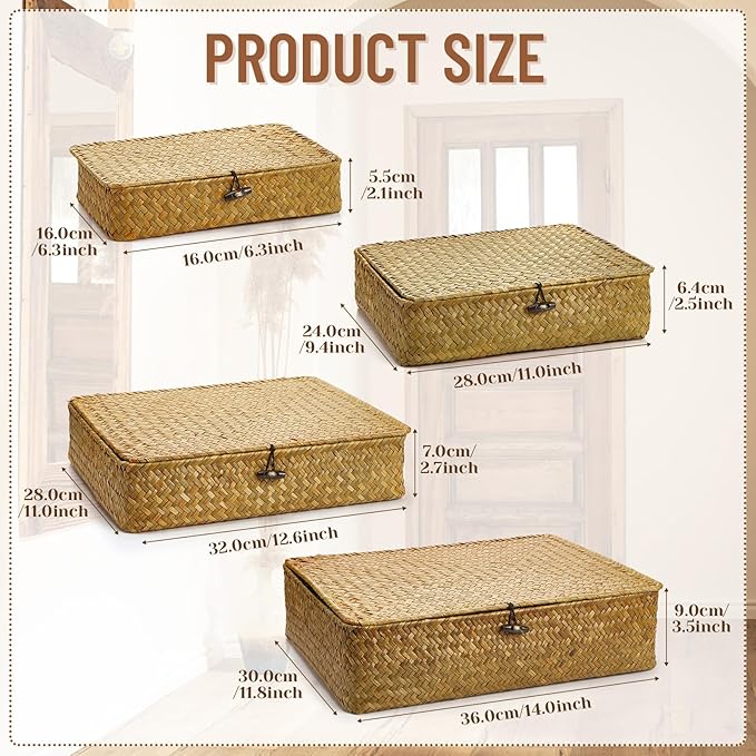 Set of 4 Seagrass Basket with Lid Wicker Storage Basket Decorative Storage Boxes with Lids Flat Storage Bins Woven Organizer Baskets for Shelf Closet Bedroom, 4 Sizes (Yellow)