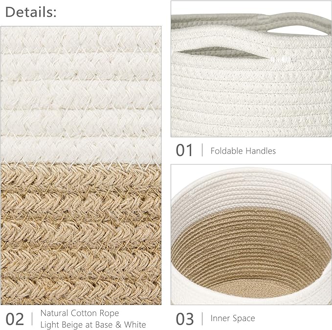 Dahey Jute Spliced Cotton Rope Plant Basket Modern Woven Storage Basket for 12.5" Floor Indoor Planter, Decorative Flower Pots Cover Laundry Bin with Handle Rustic Home Decor, White and Beige