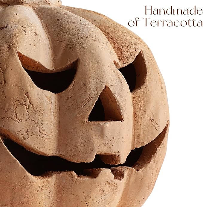 Fall Decorations for Home - Halloween Decorations - Handmade Terracotta Pumpkin Jack O' Lantern Outdoor Indoor -Vintage Halloween Autumn Party Farmhouse Table Decor for Front Porch Door Mantel(Medium)
