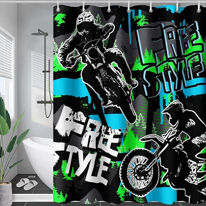 AILONEN Boys Motocross Hip Hop Shower Curtain,Dirt Bike Racer Waterproof Bath Curtain,Motorcycle Sport Curtain for Kids Men,Colorful Cartoon Shower Curtain 36" W x 72" H