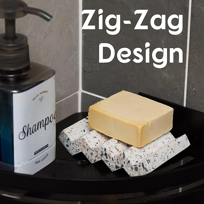 Zig Zag Jesmonite Terrazzo Stone Soap Dish for Bathroom Sink - Concrete Soap Saver for Bar Soap Holder for Shower - Sponge Holder - Self Draining Soap Dish Holder - Kitchen Soap Tray (White)