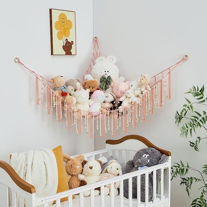 Pretty Jolly Stuffed Animal Storage Hammock with Wooden Beads Corner Hanging Net Boho Tassel for Toy Plush Holder for Kid Room Nursery Decor Wall Display Organizer for Girls Boy Gift(Leather Pink)
