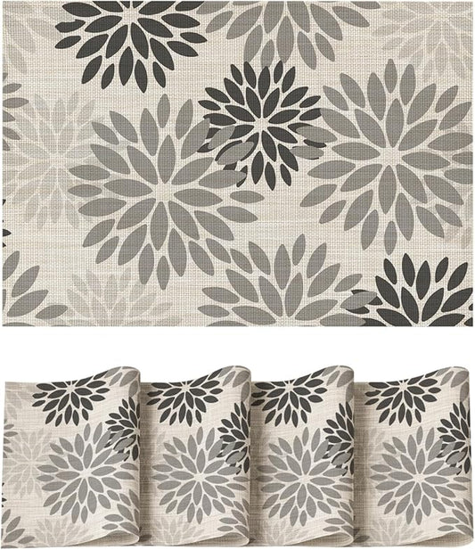 Artoid Mode Floral Vinyl Placemats Set of 4, 12x18 Inch Wipeable Non-Slip PVC Place Mats for Party Kitchen Dining Decor, Grey