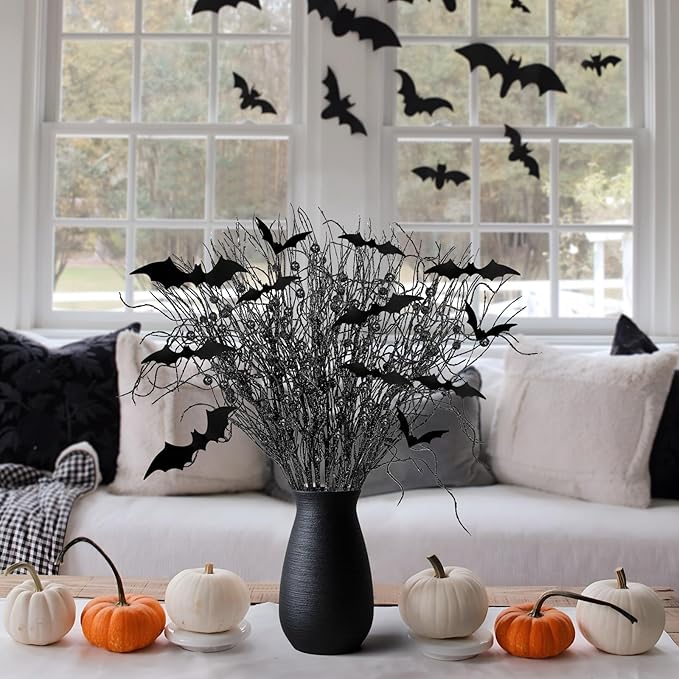 21Pcs Halloween Decorations Black Artificial Branches Picks Decor Berry Stems Tree Glittery Curly with 24Pcs Bats for Flowers Arrangement Floral Bouquet Vase Party Supplies