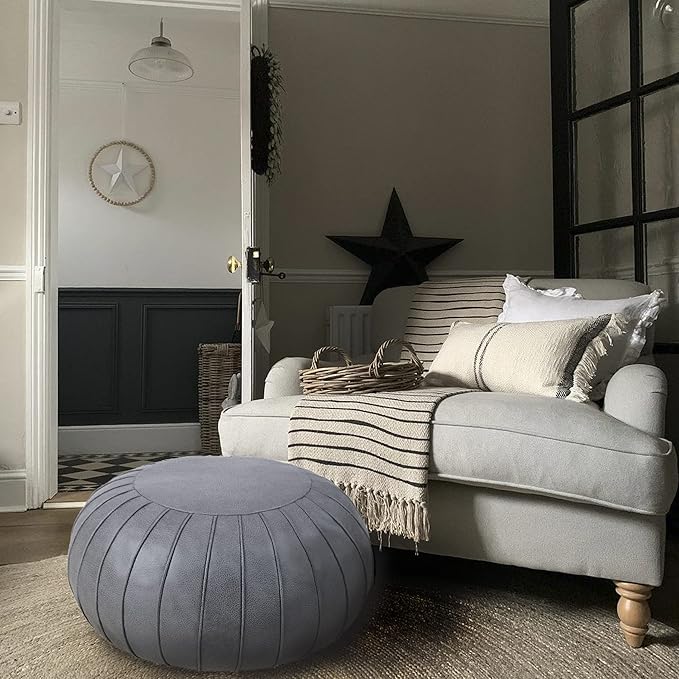 Thgonwid Handmade Storage Pouf Ottoman Foot Stool - Faux Suede Round Floor Cushion 21.6"x13" for Living Room, Bedroom, Wedding Decor, Unstuffed (Deep Grey)