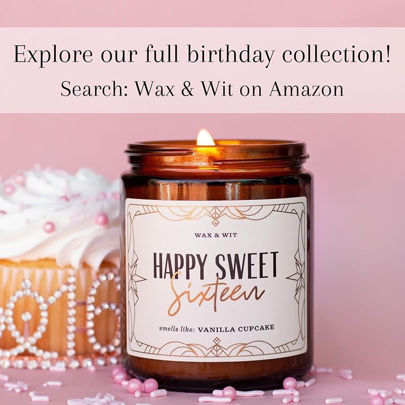 Wax & Wit Sweet 16 Gifts for Girls, Happy Birthday Candles - Scented with Vanilla Cupcake - Sweet Sixteen Gift Ideas – 9oz, Soy Wax, 50 Hour Burn, Premium Candle