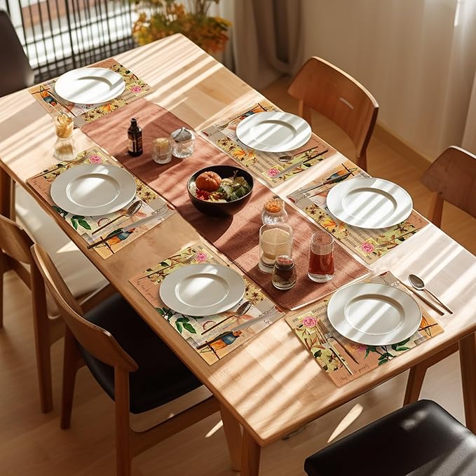 Vintage Roses Placemats Set of 6,Washable Heat Resistant 12×18 Inch Linen Table Mats Summer Flower Place Mats for Party Outdoor Dining Décor