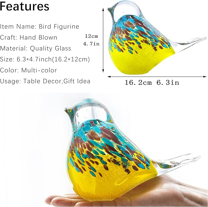 QFkris 6.5'' Blown Glass Bird Figurines Collectibles Multi-Colored Bird Statue Ornament Decor Crystal Animal Paperweight Gift