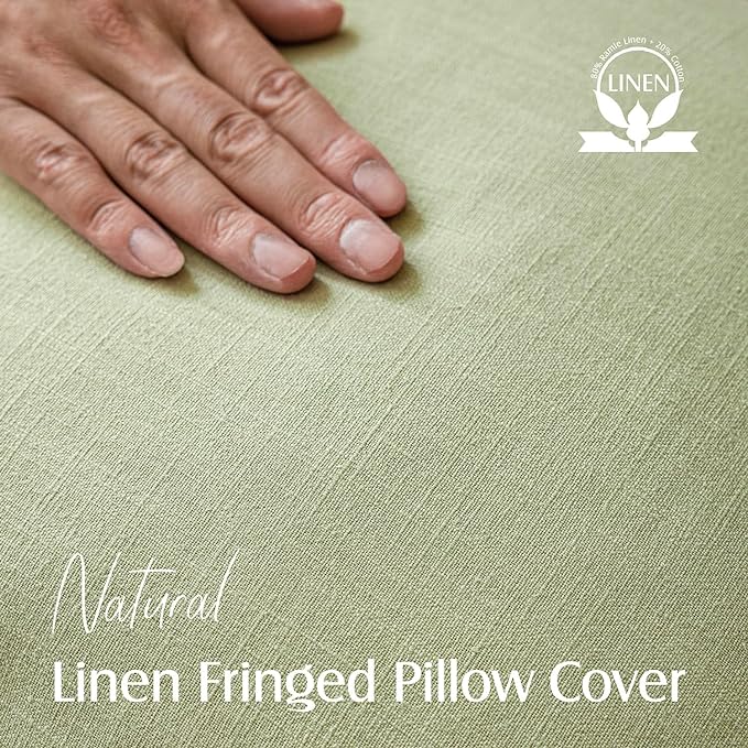 Foindtower Set of 2 Decorative Linen Fringe Throw Pillow Covers Boho Farmhouse Cushion Cover with Tassels Soft Accent Pillowcase for Couch Sofa Bed Living Room Home Decor,24×24 Inch,Light Sage Green