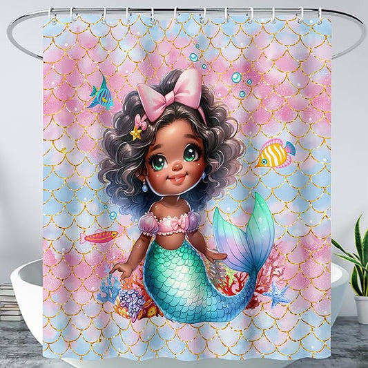 AILONEN Mermaid Shower Curtain,Cute Black Girls Mermaid Bath Curtain for Kids Girls,Ocean Fish Pink Mermaid Scale Print Shower Curtain for Bathroom Decor Waterproof with 12 Plastic Hooks, 72" W*78" H