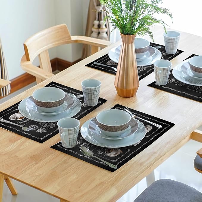 Giwawa Coffee Placemts Set of 4, 12"x18" Black Cafe Life Themed Coffee Beans Maker Espresso Cup Print, Washable Heat-Resistant Linen Placemats for Dining Table Party