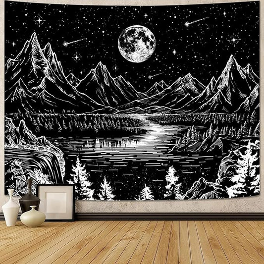 Lunerfex Moon Mountain Wall Tapestry - Celestial Landscape for Bedroom and Living Room Decor - Black and White - 4460 Inches