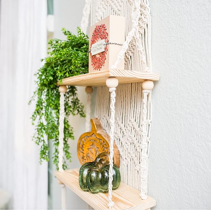 SnugLife 2 Tier Macrame Wall Hanging Shelf with Woven Rope - Boho Pine Wood Shelves for Plants, Bathroom, Kitchen